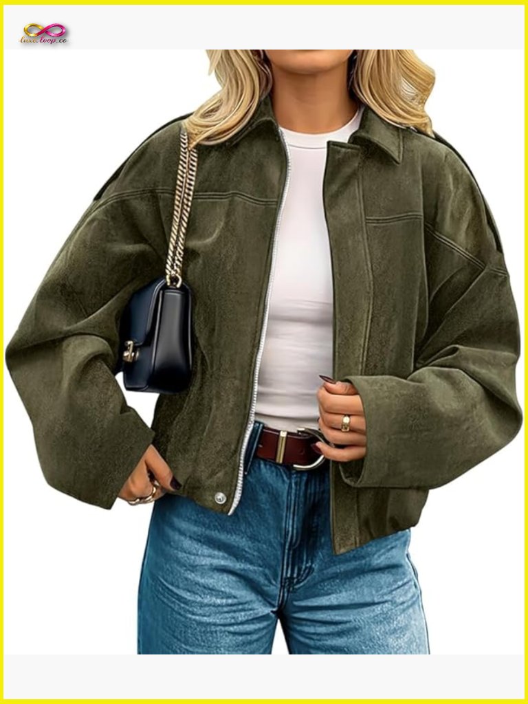 Faux Suede Cropped Jacket Open Front Casual Lightweight Fall Winter Coat